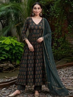 Aaghnya - Women's GREEN Viscose Rayon Printed A-Line Anarkali Kurta with Pant and Dupatta