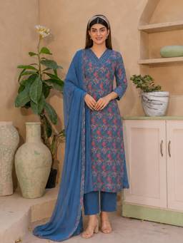Aaghnya - Women's Blue Viscose Rayon Printed Straight Kurta with Pant and Dupatta