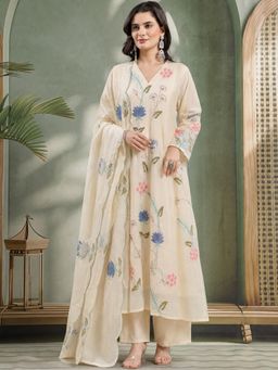 Aaghnya - Cream Viscose Rayon Printed Anarkali Kurta with Pant and Dupatta