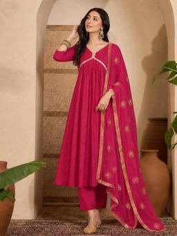 Aaghnya - Women' Red Viscose Rayon Printed Anarkali Anarkali Kurta with Pant and Dupatta