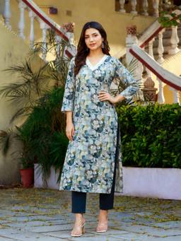 Aaghnya - Women's Blue Viscose Rayon Printed Kurta with Pant and Dupatta