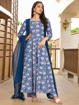 Aaghnya - Blue Viscose Rayon Floral Print Anarkali Anarkali Kurta with Pant and Dupatta