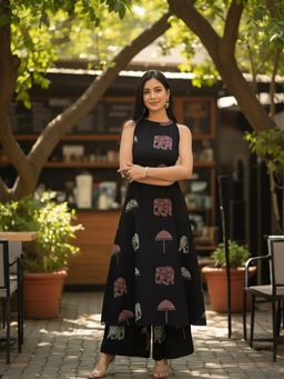 Aaghnya - Women's Black Viscose Rayon Elephant Motif Print A-Line Kurta with Palazzo