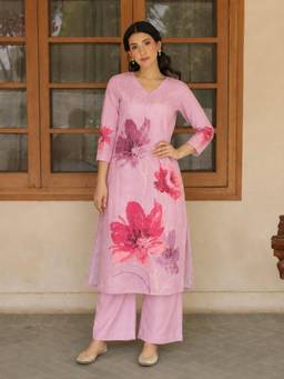 Aaghnya - Women's Pink Viscose Rayon Elephant Motif Print A-Line Kurta with Palazzo