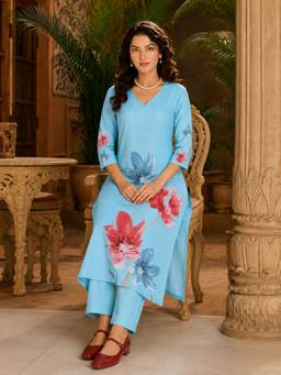 Aaghnya - Women's Sky Blue Viscose Rayon Printed Straight Kurta with Pant