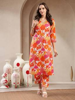 Aaghnya - Multicolor Viscose Rayon Floral Print Straight Kurta with Pant and Dupatta
