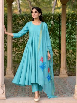 Aaghnya - Women's Blue Viscose Rayon Solid Anarkali Kurta with Pant and Dupatta