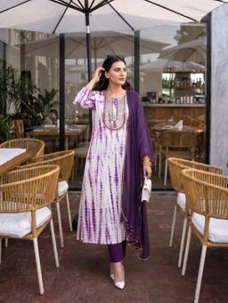 Aaghnya - Women's Purple Viscose Rayon Tie-Dye Print Straight Kurta with Pant and Dupatta
