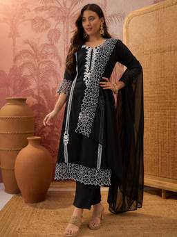 Aaghnya - Women's Black Viscose Rayon Embroidered Straight Kurta with Pant and Dupatta