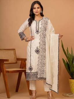Aaghnya - Women's Cream Viscose Rayon Embroidered Straight Kurta with Pant and Dupatta