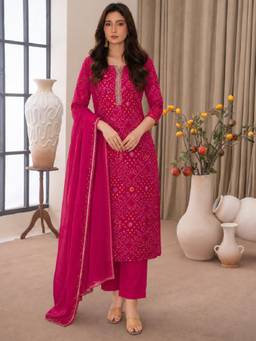 Aaghnya - Women's Pink Viscose Rayon Printed Straight Kurta with Pant and Dupatta