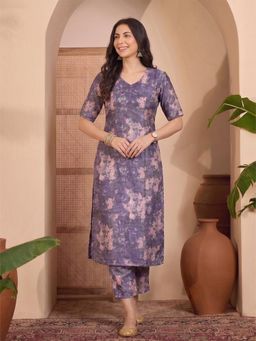 Aaghnya - Women's Purple Viscose Rayon Printed Straight Kurta with Pant