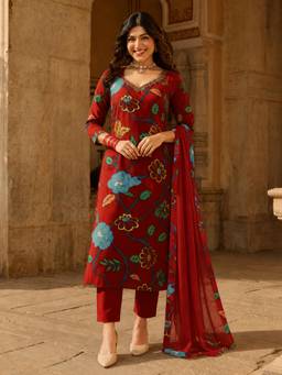 Aaghnya - Women's Red Viscose Rayon Printed Straight Kurta with Pant and Dupatta