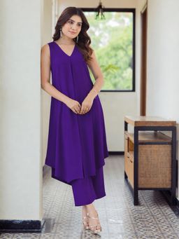 Aaghnya - Women's Purple Viscose Rayon Solid A-Line Anarkali Kurta with Pant