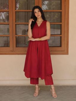 Aaghnya - Women's Red Viscose Rayon Solid A-Line Anarkali Kurta with Pant
