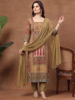 Aaghnya - Women's Mustard Viscose Rayon Printed Straight Kurta with Pant and Dupatta