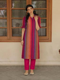 Aaghnya - Women's Multicolor Cotton Blend Stripe Straight Kurta with Pant