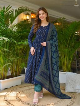 Aaghnya - Blue Viscose Rayon Printed Anarkali Anarkali Kurta with Pant and Dupatta