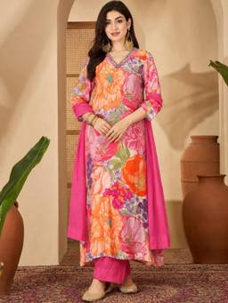 Aaghnya - Women's Pink Viscose Rayon Floral Print Straight Kurta with Pant and Dupatta