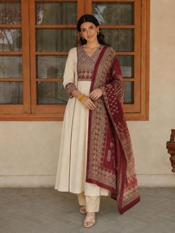 Aaghnya - Women's Cream Viscose Printed Straight Anarkali Kurta with Pant and Dupatta
