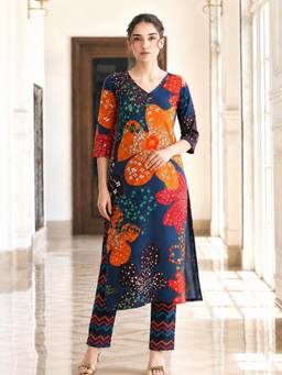 Aaghnya - Women's Blue Viscose Rayon Printed Straight Kurta with Pant