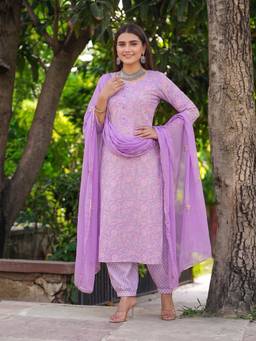 Aaghnya - Women's Purple Viscose Rayon Printed Straight Kurta with Salwar and Dupatta