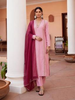 Aaghnya - Women's Pink Viscose Rayon Solid Straight Kurta with Pant and Dupatta