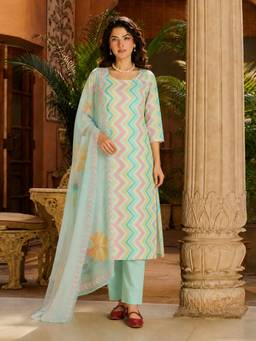 Aaghnya - Women's Green Viscose Rayon Printed Straight Kurta with Pant and Dupatta