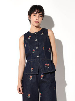 ONLY - Womens Navy Blue Embroidered Regular Fit Waistcoat