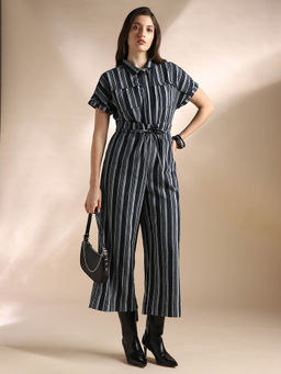 Globus - Women Navy Blue Striped Collared Neck Wide Leg Jumpsuit