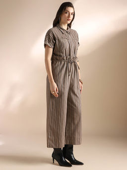 Globus - Women Brown Striped Collared Neck Wide Leg Jumpsuit