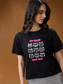 Globus - Women Black Graphic Print Round Neck Cotton Oversized T-shirt