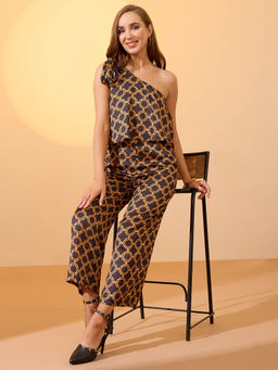 Globus - Women Black Tie-Up One Shoulder Printed Jumpsuit