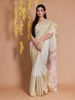 CHARUKRITI - White Cotton Handspun Zari Woven Floral & Bird Designs Saree with Unstitched Blouse