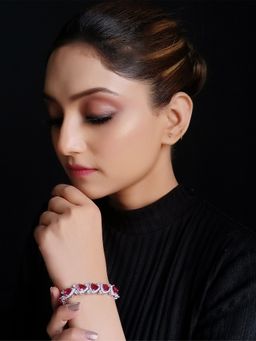 AG'S - Vanshika Rose Pink Stone And Silver Plated American Diamonds Flexible Bracelet