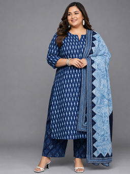 Extra love by Libas - Blue Printed Cotton Kurta and Palazzo with Dupatta