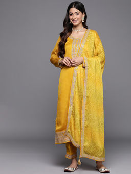 Libas - Mustard Printed Chiffon Kurta and Pant with Dupatta