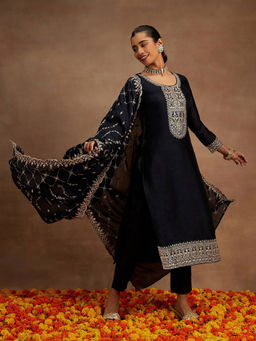 Libas - Navy Blue Embroidered Silk Blend Kurta and Pant with Dupatta