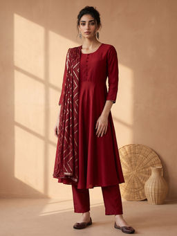 AADVIKA - Maroon Solid Silk Blend Kurta and Pant with Dupatta