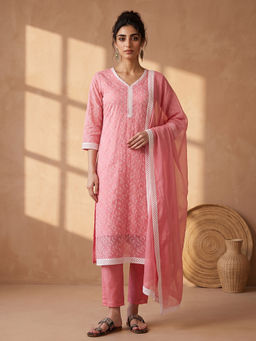 AADVIKA - Coral Embroidered Cotton Blend Kurta and Pant with Dupatta