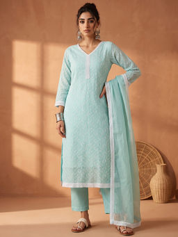 AADVIKA - Green Embroidered Cotton Blend Kurta and Pant with Dupatta