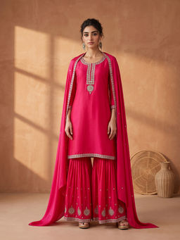 AADVIKA - Pink Embroidered Silk Blend Kurta and Sharara with Dupatta