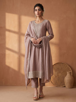 AADVIKA - Taupe Embroidered Silk Blend Kurta and Pant with Dupatta