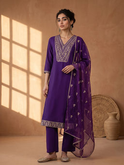 AADVIKA - Purple Embroidered Silk Blend Kurta and Pant with Dupatta