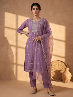 AADVIKA - Purple Embroidered Silk Blend Kurta and Pant with Dupatta