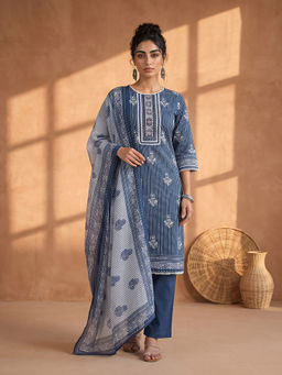 AADVIKA - Blue Stripes Pure Cotton Kurta and Pant with Dupatta