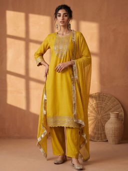 AADVIKA - Yellow Embroidered Silk Blend Kurta and Pant with Dupatta