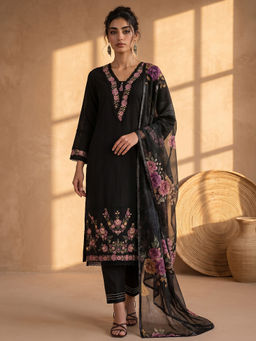 AADVIKA - Black Floral Pure Cotton Kurta and Pant with Dupatta