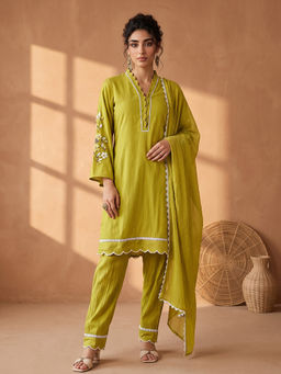 AADVIKA - Mustard Floral Silk Blend Kurta and Pant with Dupatta