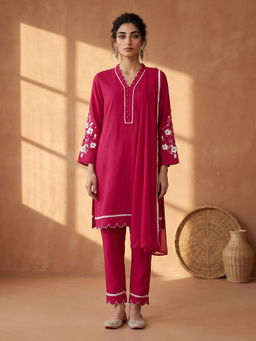AADVIKA - Pink Floral Silk Blend Kurta and Pant with Dupatta